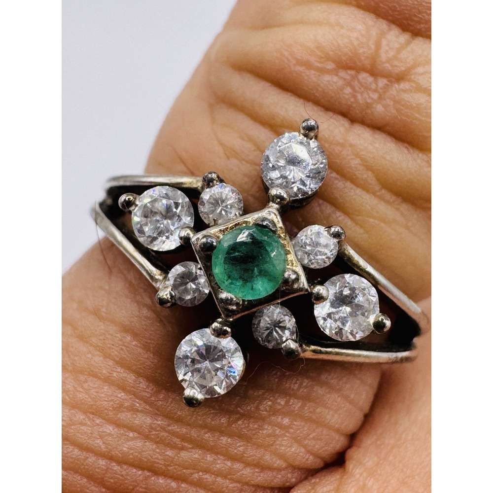 Sterling Silver 925 Green Stone Clear CZ Cocktail Ring Size 7 Vintage Style